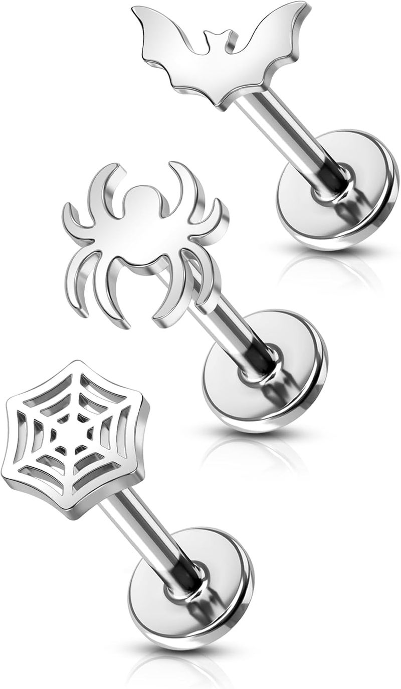 COCHARM 3Pcs Bat Spider Cartilage Earring 16g Flat Back Cartilage Piercing Jewelry Halloween Helix Jewelry 8mm Silver Web Conch Stud Funny Labret Stud for Women Men - Image 1
